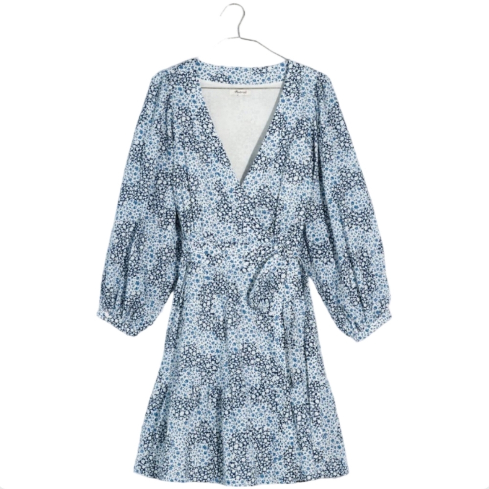Madewell Crinkle Wrap Mini Dress Quilted Floral Blue Size 8